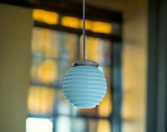 Art Deco style ribbed opaline glass hanging lamp for high ceiling