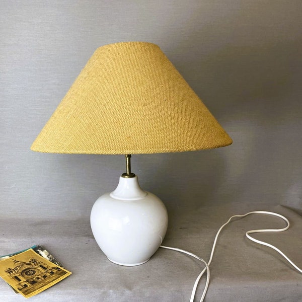 White ceramic rustic table lamp with burlap lampshade