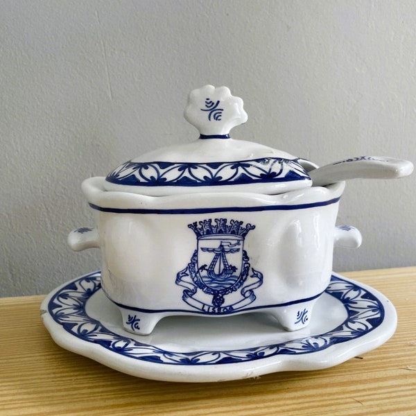 Portuguese fine porcelain blue willow style tureen with ladle in style of Portguguese tile