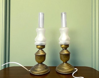 Vintage antique table lamps rustic matte brass pair bedside lights