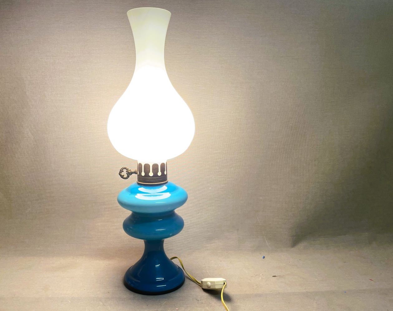 Portuguese Farmhouse Lamp in Stye of Paraffin Oil Lamp Milk Opaline