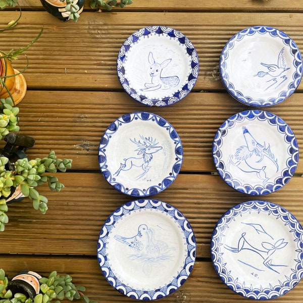 Set of 6 Portuguese traditional pottery glazed ceramic plates with animal motif