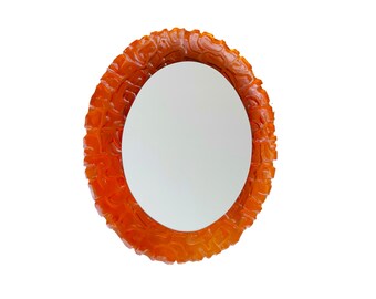 Large backlit oval orange acrylic framed wall mirror by Hellebrand