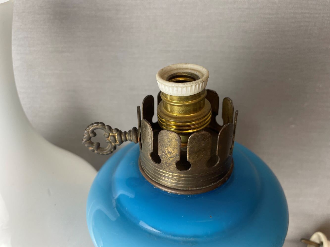 Portuguese Farmhouse Lamp in Stye of Paraffin Oil Lamp Milk Opaline