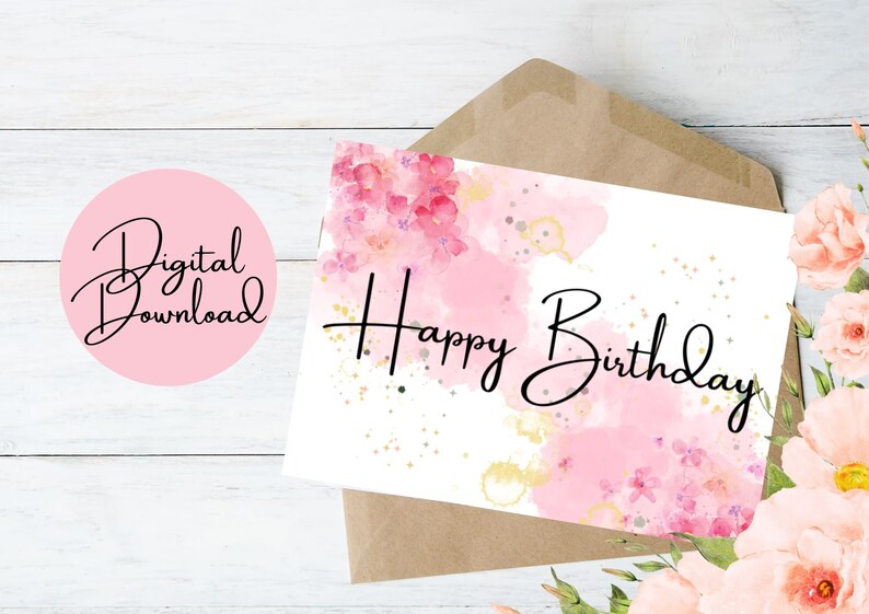 Printable Happy Birthday Card Digital Watercolour Birthday Card Instant