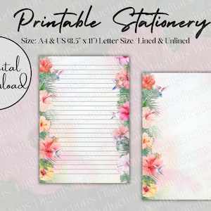 Papelaria para impressão | Beija-flor | Hibisco | Papel de carta para impressão | A4 | Carta EUA (8,5" x 11") | Download digital | Download instantâneo