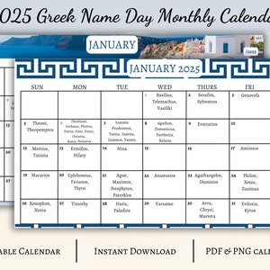 Calendario onomastico greco stampabile 2025 / Calendario 12 mesi / Calendario greco ortodosso / Download digitale / Stampabile / PDF / PNG