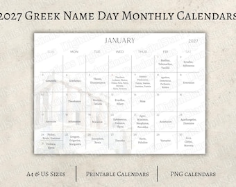 Printable 2027 Greek Name Day Calendar | 12-Months Calendar | Greek Orthodox Calendar | Sunday Start | Monday Start | Digital Download | PNG