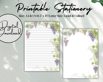 Printable Stationery | Grapevine Stationery | Printable Writing Paper | A4 | US (8.5"x 11") Letter | Digital Download | Instant Download