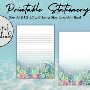 Papelería imprimible / Delfín / Papel de escritura imprimible / A4 / Tamaño carta de EE. UU. (8,5" x 11") / Descarga digital / Descarga instantánea / PDF / PNG