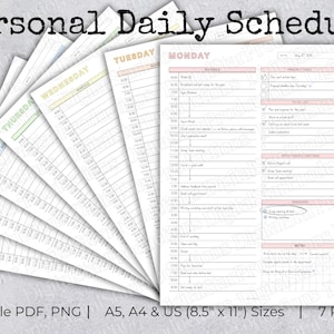 May include: A set of seven printable daily schedule pages labelled Monday to Sunday, featuring hourly time slots, to-do lists, appointment sections, and notes. The documents are available in A5, A4 and US 8.5 by 11 inch sizes as PDF and PNG files.