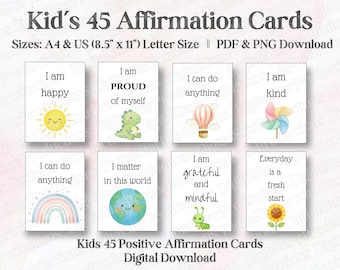 Tarjetas de Afirmaciones Diarias para Niños / 45 Tarjetas de Afirmaciones Positivas / Tarjetas de Autocuidado Imprimibles / Tarjetas Motivacionales / Salud Mental Infantil / PDF