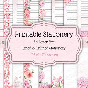 Könnte beinhalten: Druckbares Schreibwarenset im A4-Format mit rosa Blumendesigns. Das Set enthält linierte und unlinierte Seiten, insgesamt 20 Seiten. Das Design zeigt rosa Blumen und dekorative Bordüren im Aquarellstil.