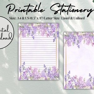 Papelería imprimible / Papelería lila / Papel de escritura imprimible / A4 / Tamaño carta (EE. UU., 8,5" x 11") / Descarga digital / Descarga instantánea / PDF
