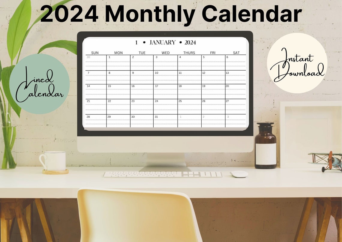 Printable 2024 minimalist monthly calendar fill in lined etsy