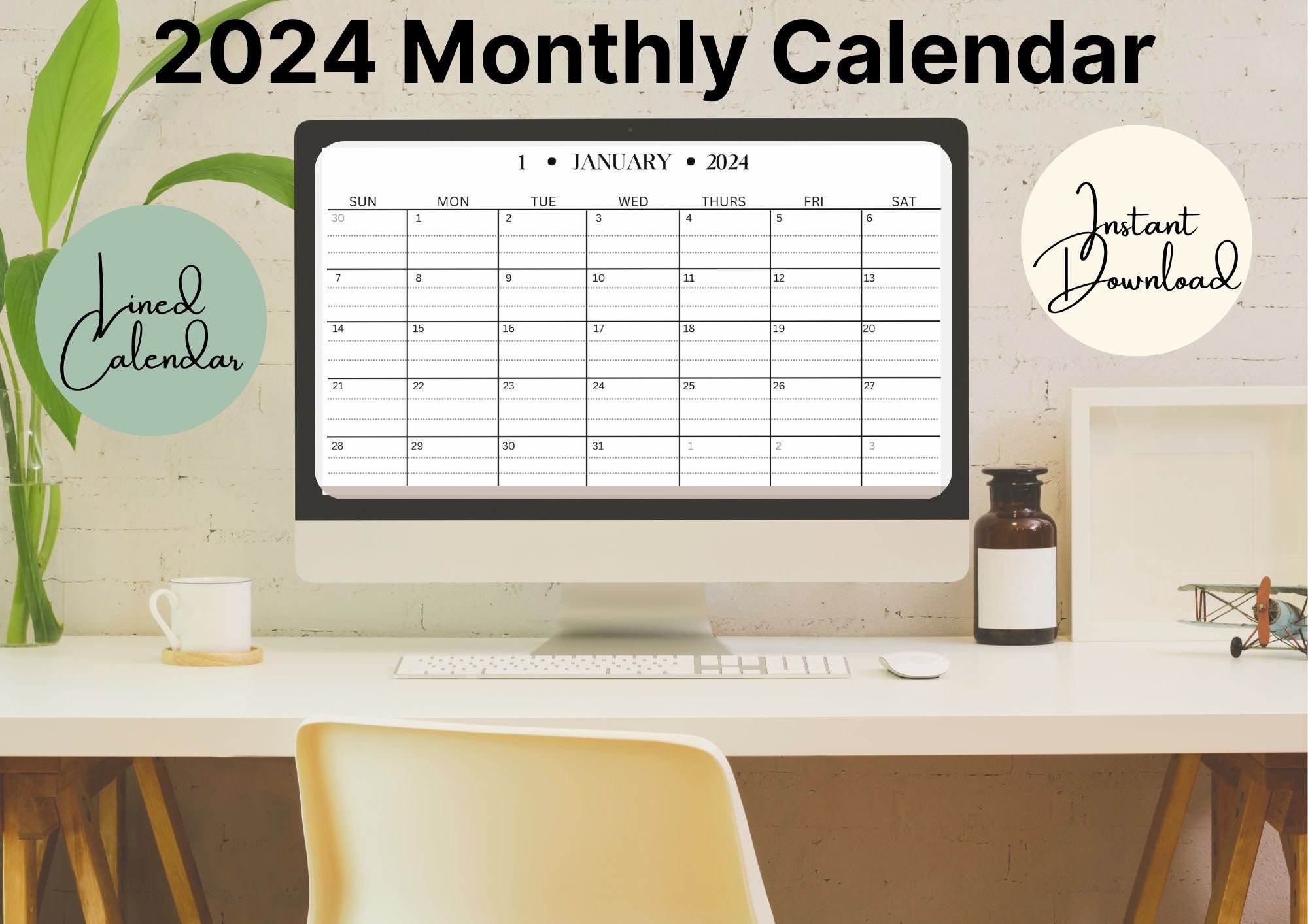 Printable 2024 Minimalist Monthly Calendar Fill in Lined - Etsy