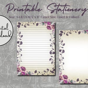 Papelaria para impressão | Papelaria Vintage Purple Roses | Dark Rose | Papel de carta para impressão | A4 | Carta EUA (8,5" x 11") | Download digital
