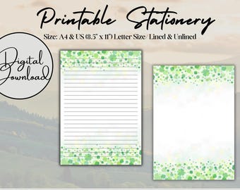 May include: Printable stationery featuring a green and white watercolor design with a scattered pattern of green circles. The stationery is available in lined and unlined options and in US letter size and A4.