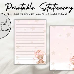 Papeterie imprimable | Bébé ours | Rose | papier à lettres imprimable | A4 | Lettre US (8,5 x 11 po.) | Téléchargement numérique | Téléchargement instantané | PDF
