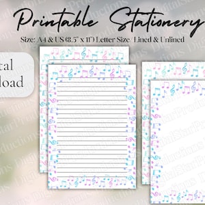 Music Notes Stationery | Printable Writing Paper | Letter Writing | A4 | US (8.5&quot;x 11&quot;) Letter | Digital Download | PDF | PNG