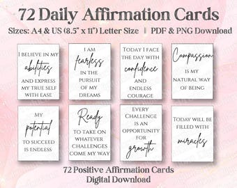 72 Daily Affirmation Cards | Printable Positive Affirmation Cards | Printable Self-Care Cards | Manifestation Cards | PDF | Digital Download