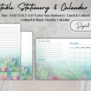 Papelería imprimible / Delfín / Calendario / Calendario sin fecha / Papel para escribir / A4 / Tamaño carta de EE. UU. (8,5" x 11") / Descarga digital / PDF / PNG