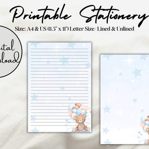 Papeterie imprimable | Bébé ours | Bleu | papier à lettres imprimable | A4 | Lettre US (8,5 x 11 po.) | Téléchargement numérique | Téléchargement instantané | PDF