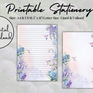 Papelaria para impressão | Beija-flor | Flor | Papel de carta para impressão | A4 | Carta EUA (8,5" x 11") | Download digital | Download instantâneo