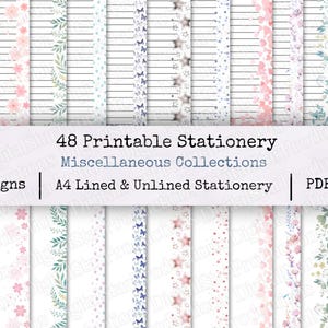 May include: A collection of 48 printable stationery designs, featuring lined and unlined A4 paper. The designs include floral, butterfly, and star patterns in soft pastel colors. The image also includes the text "48 Printable Stationery Miscellaneous Collections".