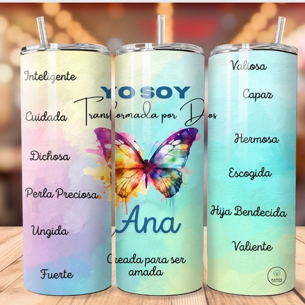 Vaso Térmico Transformada por Dios |Mariposa colores|Afirmaciones| Mujer de fe|Cristiana|Regalo|Cumpleaños|Amistad