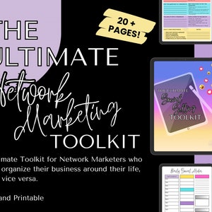 May include: A digital toolkit for network marketers with a pink, yellow, and blue color scheme. The toolkit includes a guide with the title "The Ultimate Social Selling Toolkit" and a daily social media planner. The toolkit is designed to help network marketers organize their business around their life.