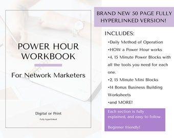 Könnte beinhalten: Ein rosa-weißes digitales Arbeitsbuch mit dem Titel "Power Hour Workbook for Network Marketers". Das Arbeitsbuch umfasst 50 Seiten und ist vollständig verlinkt. Es enthält eine tägliche Arbeitsweise, wie eine Power Hour funktioniert, 4 Power-Blöcke à 15 Minuten, 2 Mini-Blöcke à 15 Minuten, 14 Bonus-Arbeitsblätter für den Geschäftsaufbau und vieles mehr. Jeder Abschnitt ist vollständig erklärt und leicht verständlich. Es ist anfängerfreundlich.