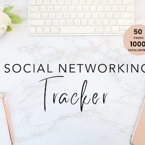May include: A white marble surface with two gold pens, a white keyboard, a rose, and a peach-coloured tablet. The text "SOCIAL NETWORKING Tracker" is written in black on the surface. A peach-coloured circle with the text "50 PAGES 1000 TOTAL ENTRIES" is in the top right corner.