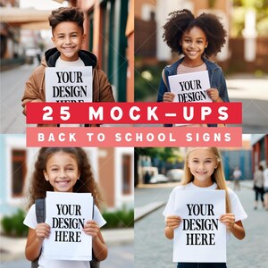 Pacchetto di mock-up per bambini che tornano a scuola, primo giorno di scuola, cartello scolastico, modellini di modelli per bambini, diversi bambini finti, poster per foto della scuola