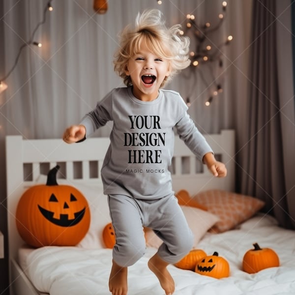 Halloween Kids Mockup, Gray Toddler Shirt Pajamas Model Mock up, Cute Kids Pumpkin Mockup, Halloween Pajama Mockup