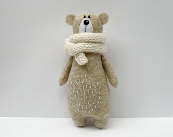 Orso beige in sciarpa lavorata a maglia color crema, giocattolo orso ripieno, animali in feltro, animali del bosco, animale di supporto, orsacchiotto, regalo di compleanno