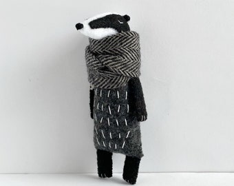 Badger stuffed animal toy in grey chevron scarf, felt animals