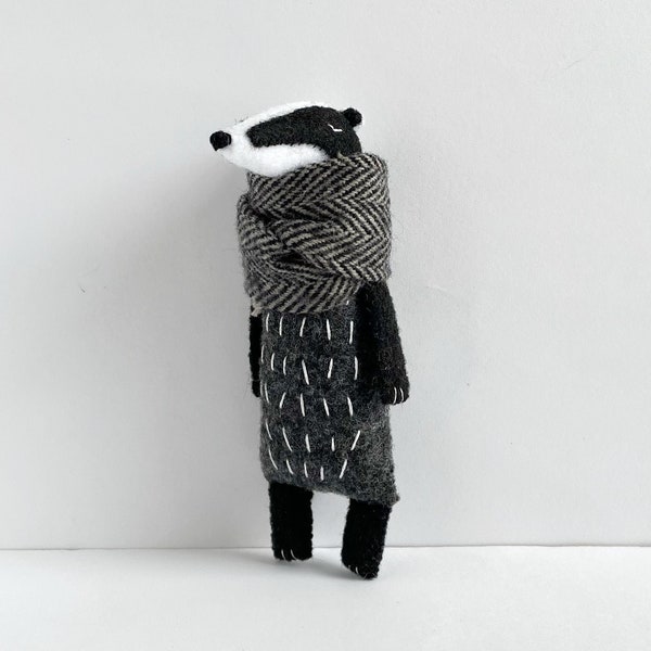 Badger stuffed animal toy in grey chevron scarf, felt animals