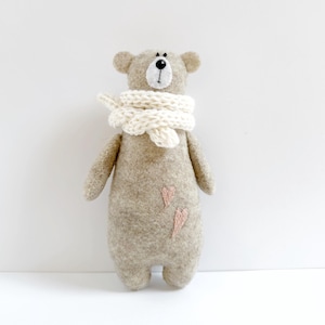 Hand-Stitched Beige Bear Plushie, Pink Heart Embroidery, Knitted Scarf