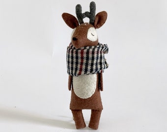 Deer Toy in plaid scarf, Stuffed Animals , Felt Deer Figurine, Deer Doll, Christmas Gift Stocking Filler, Woodland Toy, Collectable Toys