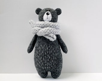 Bear Plushie in Grey Knitted Scarf, Stuffed Bear Toy, Felt animals , Woodland animals, Support Animal, Teddy Bear, Birthday Gift,