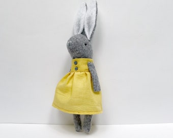 Stuffed Bunny Rabbit Doll in Yellow Dress, Grey Rabbit Toy, Soft Toy, Woodland Animals Plushy, Yellow Summer dress, Collectable Toys