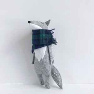 Grey Wolf stuffed animal toy in Black Watch tartan scarf, Felt animals, Wolf softie, Woodland animals, Small animal toy, Stocking stuffer