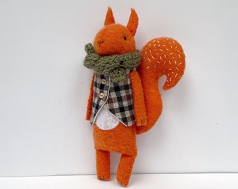 Squirrel Stuffed Toy in plaid vest and knitted scarf, Felt animals , Squirrel Softie, Woodland Animals Plushy, Support Animals, plushie