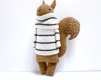 Handmade Squirrel stuffed toy in a stripped sweater