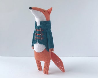 Felt fox toy in military jacket, Stuffed Fox Toy, Woodland Animals Softie, Stuffed Animal, Fox Doll, Soft Animals, Woodland Gifts