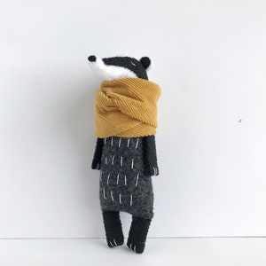 Badger Toy in mustard scarf, Woodland Animals Softie, Stuffed Toys, Badger Plushie, Felt animals, Birthday gift