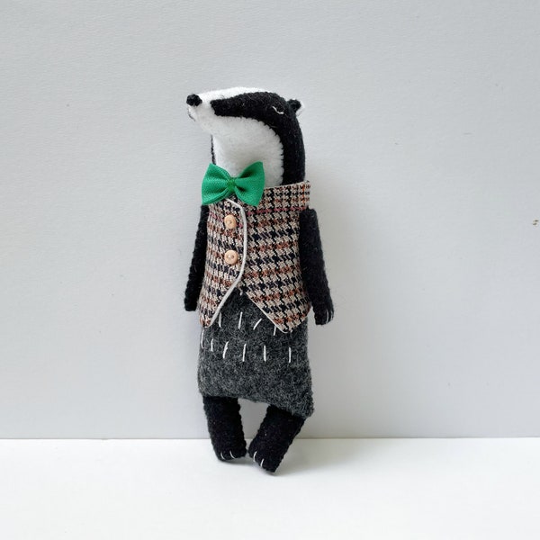 Badger Toy in Waistcoat and green bow tie , Stuffed animals, Felt animals, Badger Plushie, Birthday Gift, Christmas Gift, Woodland Animals