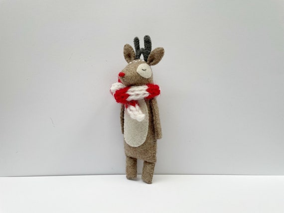Red Nosed Reindeer Felt Doll, Christmas Knitted Scarf, Stuffed Animal