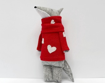 Handmade Stuffed Wolf Plushie: Red Heart Sweater, Valentine's Day Gift
